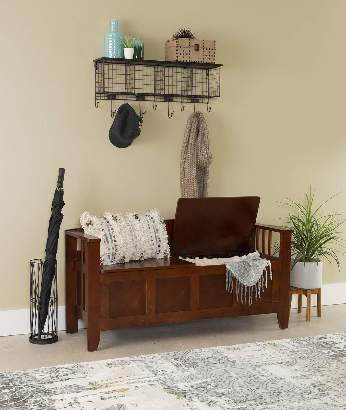 Linon Walnut Split Seat Storage Bench for Foyers and Mudrooms Linon