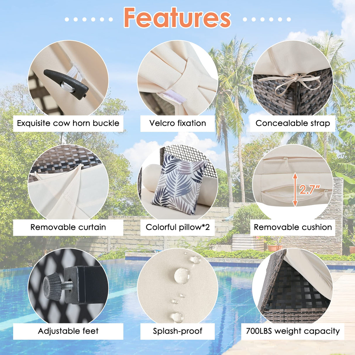 Outdoor Sunbed with Cushions and Colorful Pillows,Tent Shape Wicker Patio Daybed 90.5" Length Lounge Bed for Patio Lawn Garden Backyard Porch Pool(Brown + Beige) Bellemave