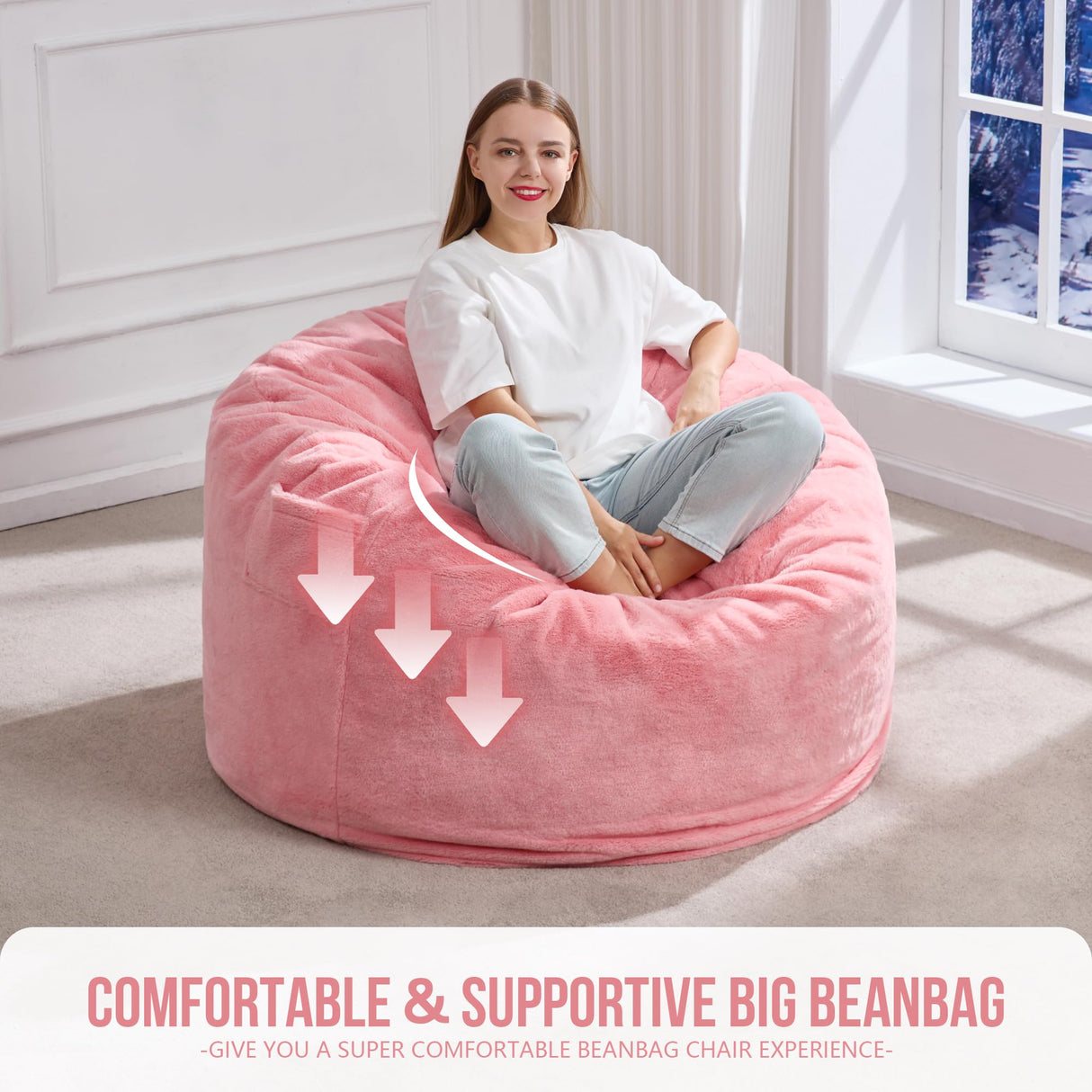 Hobestluk 3ft Bean Bag Chairs for Adults Large Beanbag Chair with Plush Faux Fur Cover Big Bean Bag Chair for Living Room Bedroom Dorm Office -Pink (36” x 36” x 22”) Hobestluk