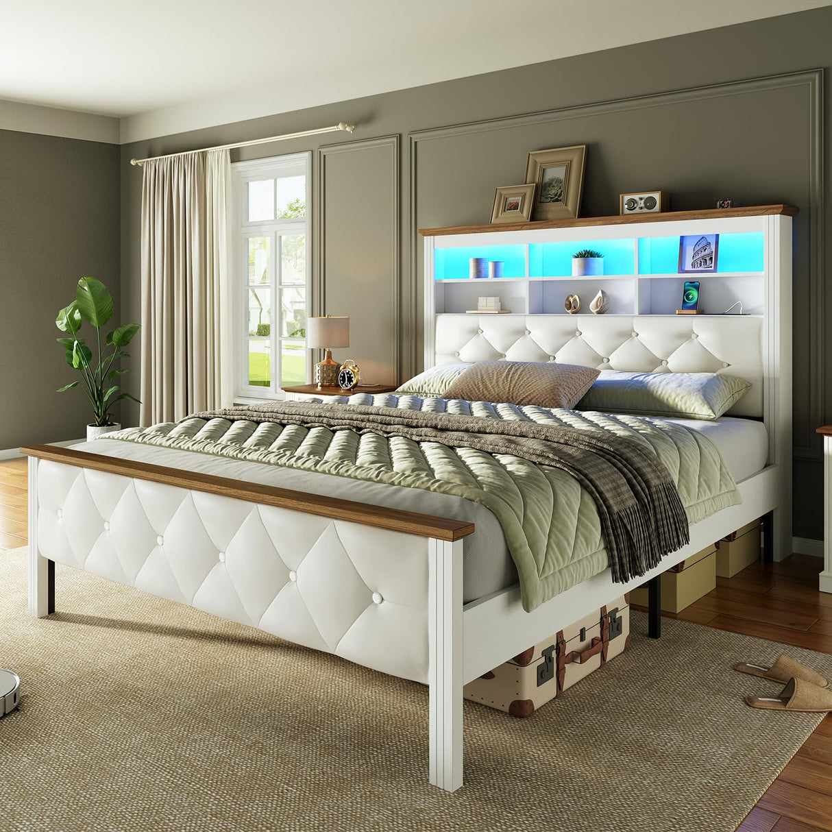 RALGEND Farmhouse Full Size Bed Frame with 51.2" Tall Storage Headboard, Upholstered Platform Bed Frame with Bookcase Headboard and LED Light, No Box Spring Needed, White and Walnut RALGEND