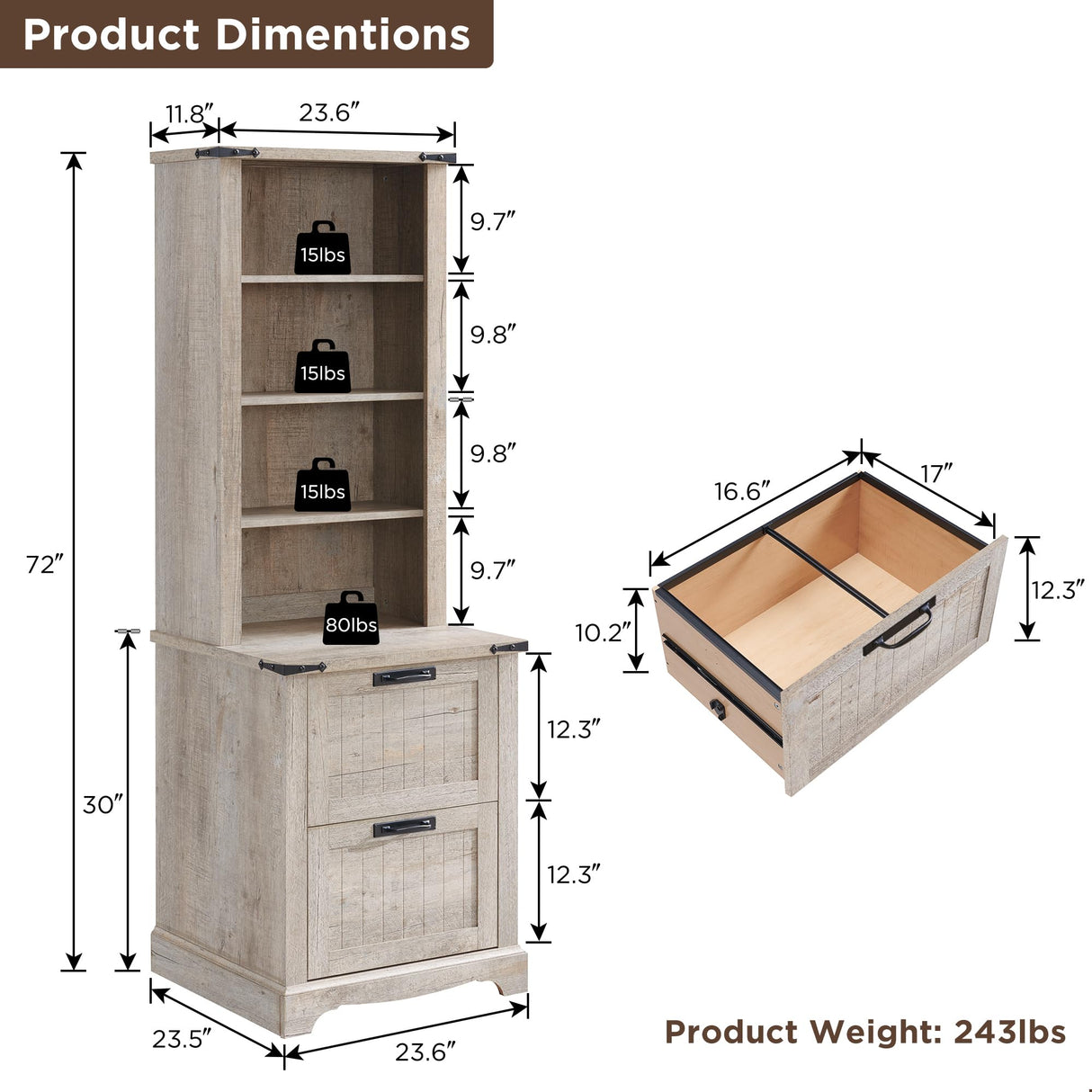 RedLemon Bookcase with 2 File Drawers, 72" Tall Farmhouse Bookshlef with Storage and Adjustable Shelves, 4 Tier Rustic Wood Bookshelf with Cabinet for Home Office, Living Room (Light Rustic Oak) RedLemon