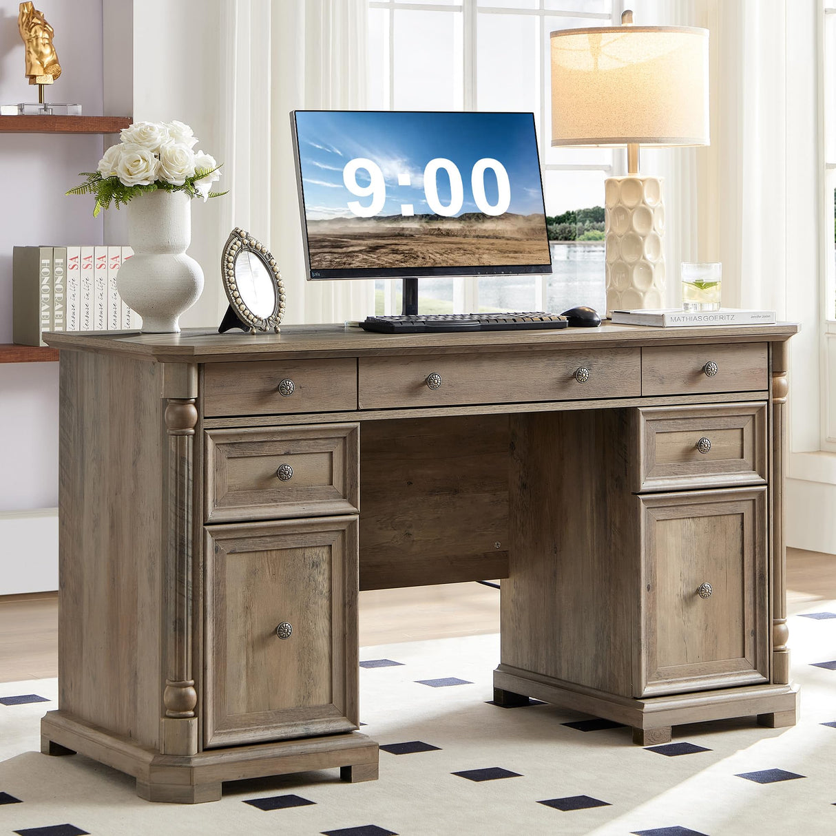 Yechen 55'' Wood Executive Desk with 7 Drawers - Farmhouse Home Office Desks with Power Outlet, Wooden Computer Desk with Roman Columns, Rustic Writing Table for Work & Study, Weathered Reclaimed Oak Yechen