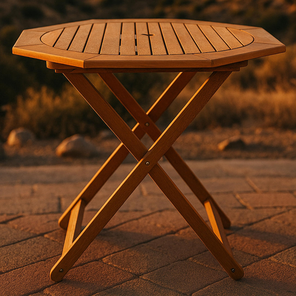 Sunnydaze Folding Meranti Wood Outdoor Dining Table with Umbrella Hole - Foldable Teak Patio Table - Teak Oil Finish - Octagon Sunnydaze