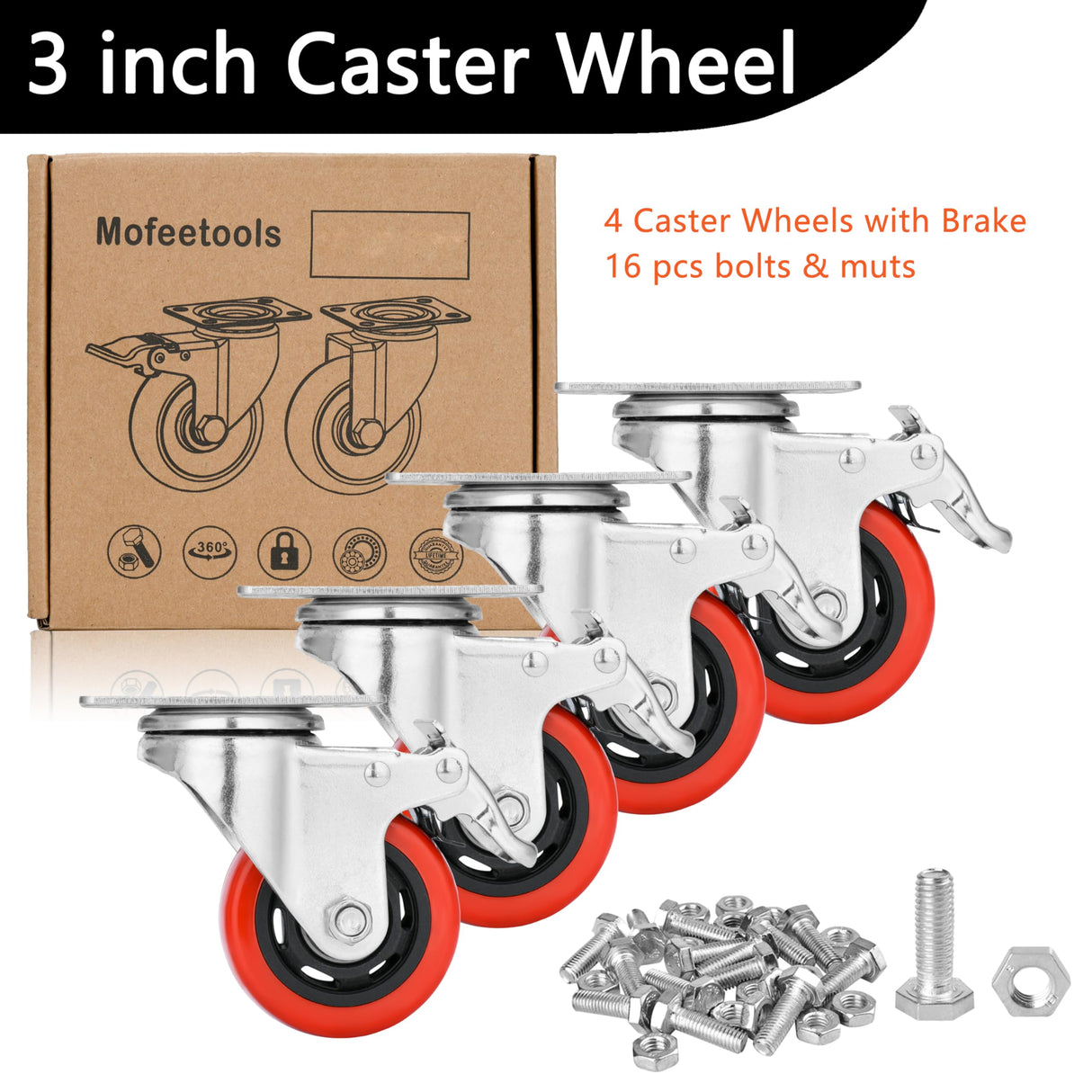 Mofeetools 3 inch Heavy Duty Casters Load 1200lbs, Lockable Bearing Plate Caster Wheels with Brakes, 360-degree Swivel Casters for Furniture and Workbench Cart, Set of 4(Free Bolts and Nuts) Mofeetools