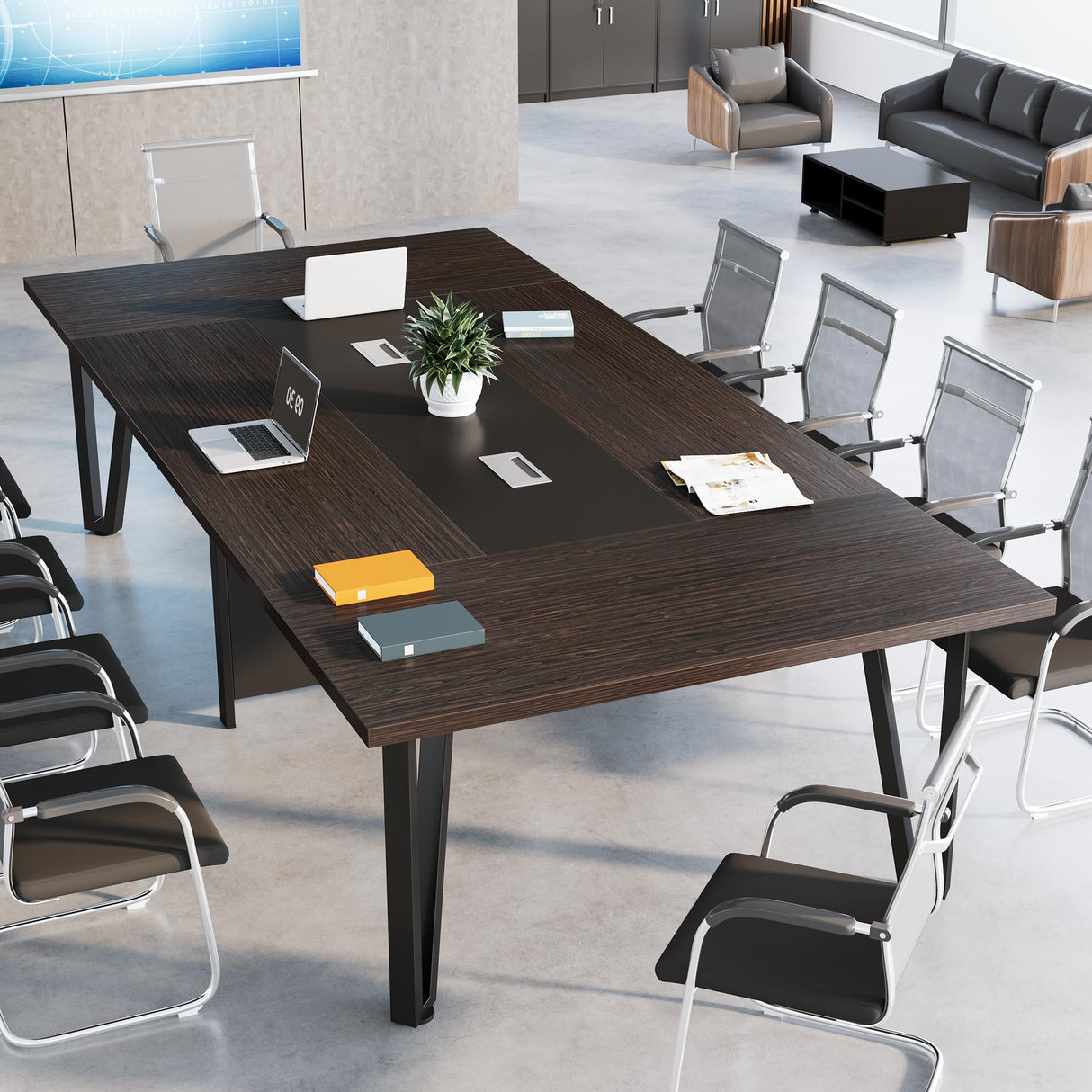 Tribesigns 8FT Large Conference Table, 94.5L x 47.2W x 29.5H Inches Modern Rectangle Meeting Table with Cable Management for Office Conference Room Business Seminar, Black Brown Tribesigns