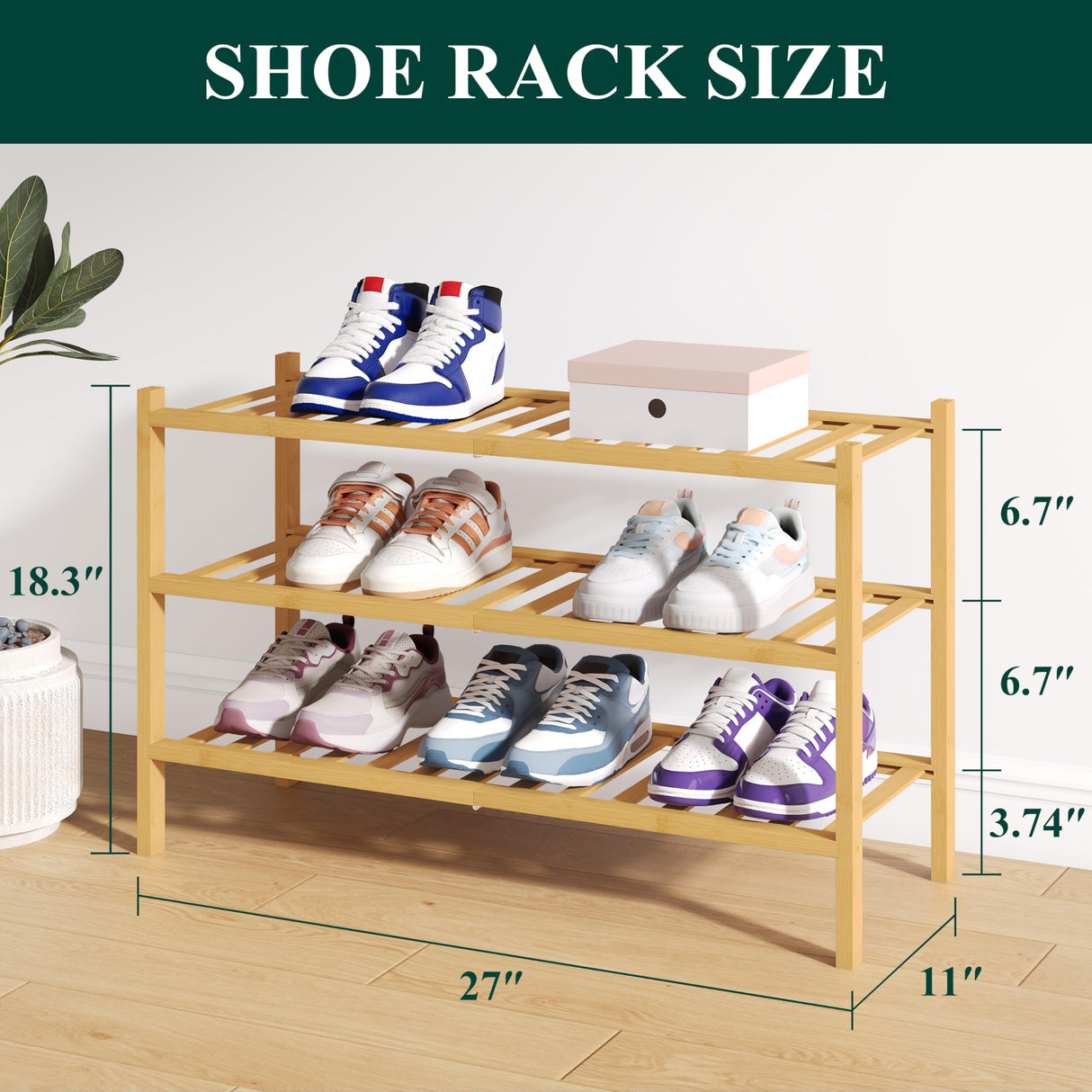 Smiry Bamboo Shoe Rack for Closet, 3 Tier Wooden Stackable Shoe Organizer, Free Standing Shoes Storage Shelf for Entryway, Front Door Entrance, Natural Smiry