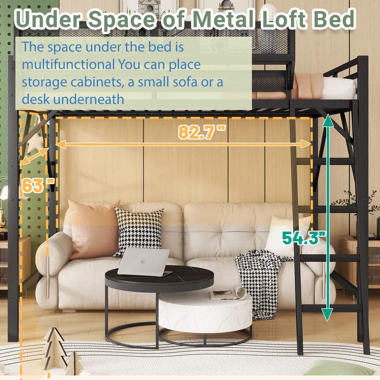 Queen Size Loft Bed with Storage Shelves & Soft Foam Ladder, Metal High Loft Bed with Large Under-Bed Space & Guardrail, Heavy-Duty Modern Beds for Adults Teens and Kids, No Box Spring Needed, Black Aurnienofus