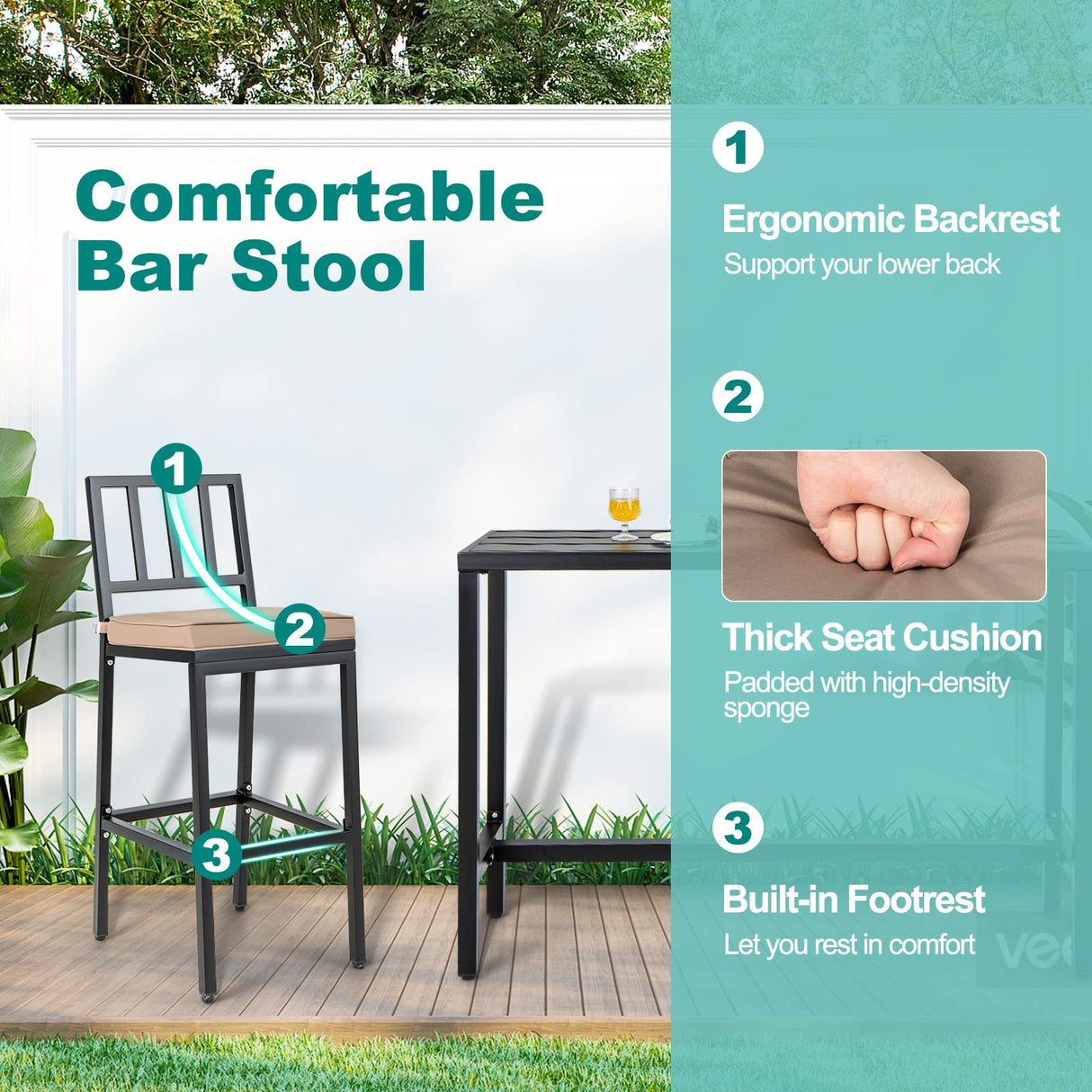 COSTWAY 3 Piece Outdoor Patio Bar Set, 48" Rectangular Pub Height High Top Bar Table with 2 Cushioned Bar Stools, Metal Bar Table and Chairs Set for Balcony, Backyard, Porch COSTWAY