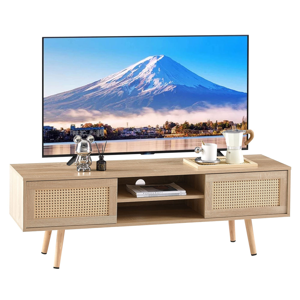 GSSDEE Boho TV Stand for 65+ Inch TV, Farmhouse Wood Television Stand with Natural Rattan Sliding Doors, Media Console Center Natural Style (Natural Oak, TV Stand 55.12" L x 15.75" W x 18.31" H) GSSDEE