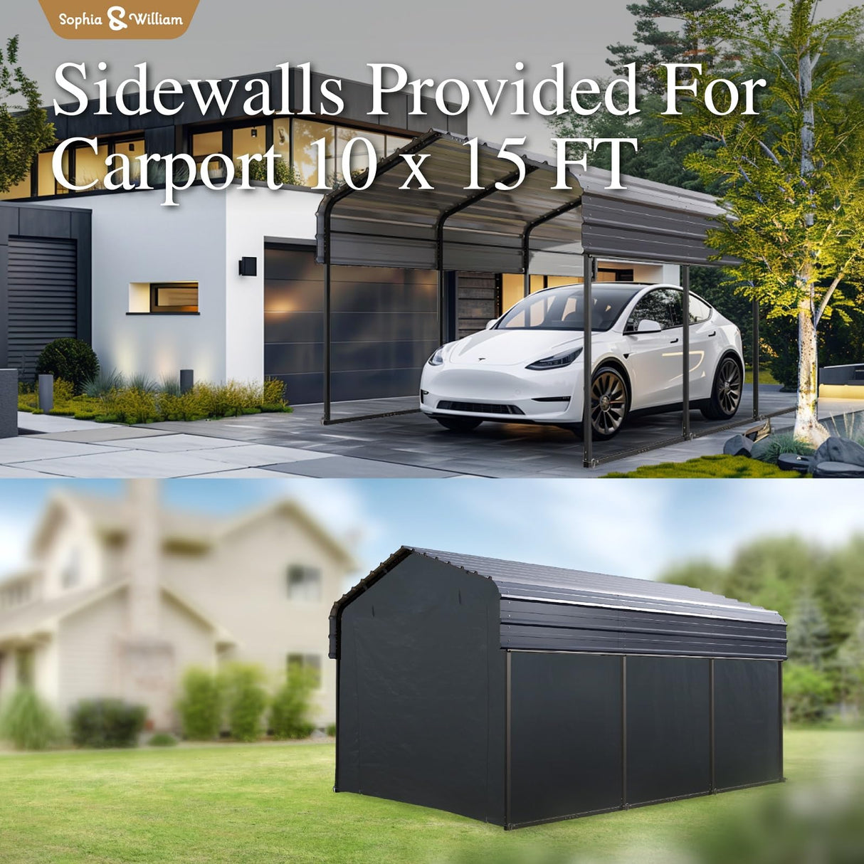 Carport Car Port Metal Canopy 10x15 ft Heavy Duty for Snow, Portable Garage Kit Shed Tent Shelter Metal Frame All Weather Outdoor for Boat with Removable Sidewalls, Dark Grey, Sophia & William Sophia & William