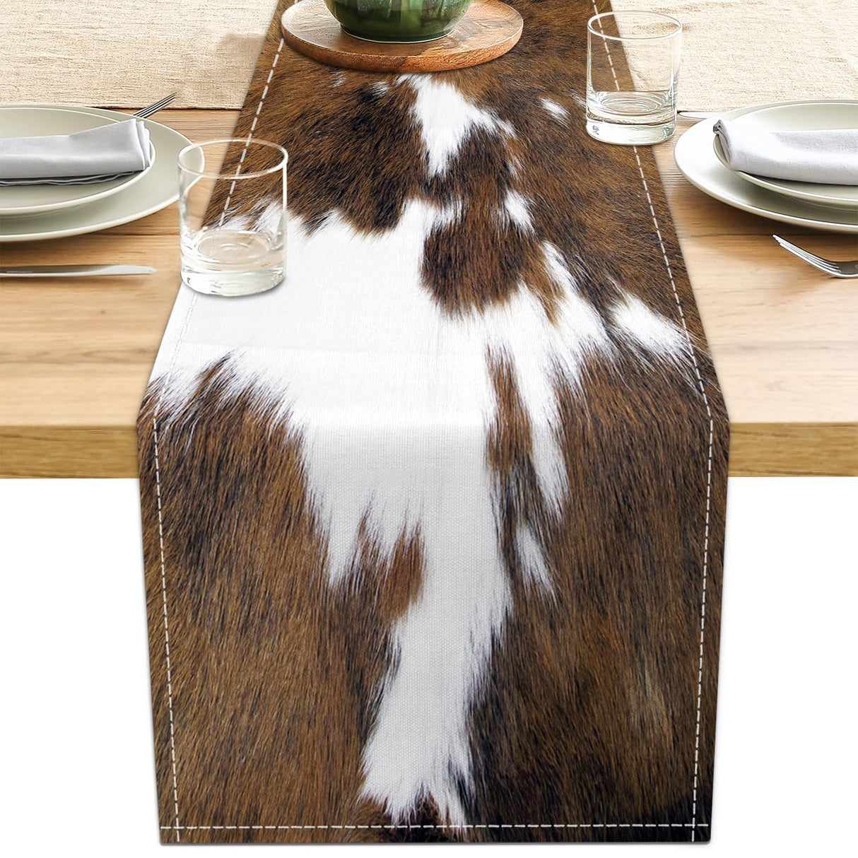 Cow Print Table Runner Brown Western Runners Cowhide Table Decorations Farmhouse Country Table Runner for Party Home Kitchen Dining Room 13x71 Inch (just a Print) LXXTK
