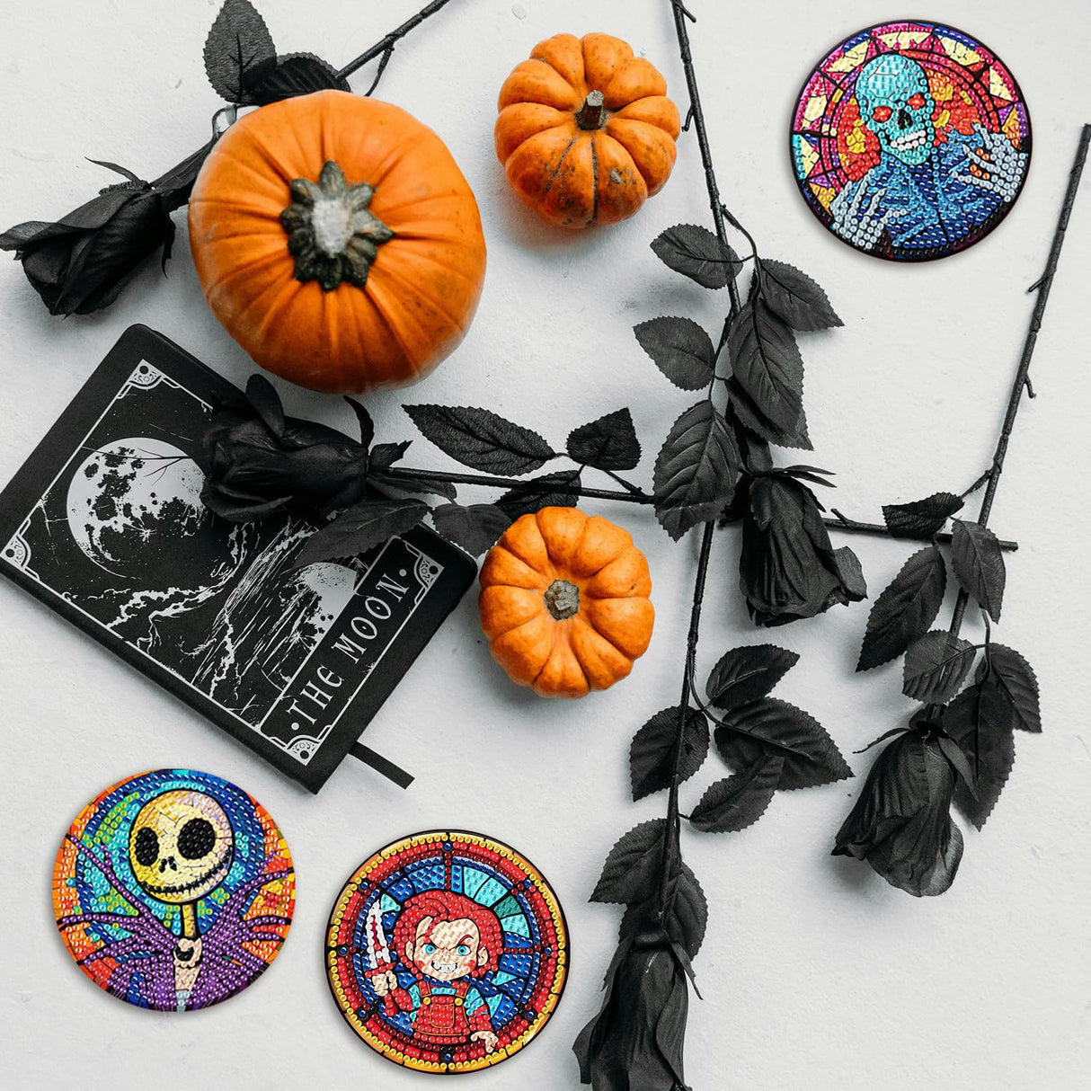 MBNTJHT 8 Pcs Halloween Diamond Art Coasters Kits with Cork Base, Horror Movie Diamond Painting Coasters with Holder, DIY Drink Coaster Art Crafts Supplies for Home Decor 4X4 Inch. MBNTJHT