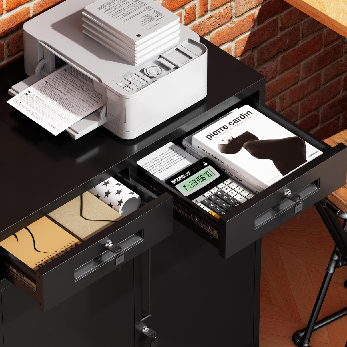 Greenvelly Metal Storage Cabinet with 2 Drawers,36" Black Metal Cabinets with Doors and Shelves, Garage Cabinet with Lock for Home Office, Garage, School, Apartment,Warehouse Greenvelly