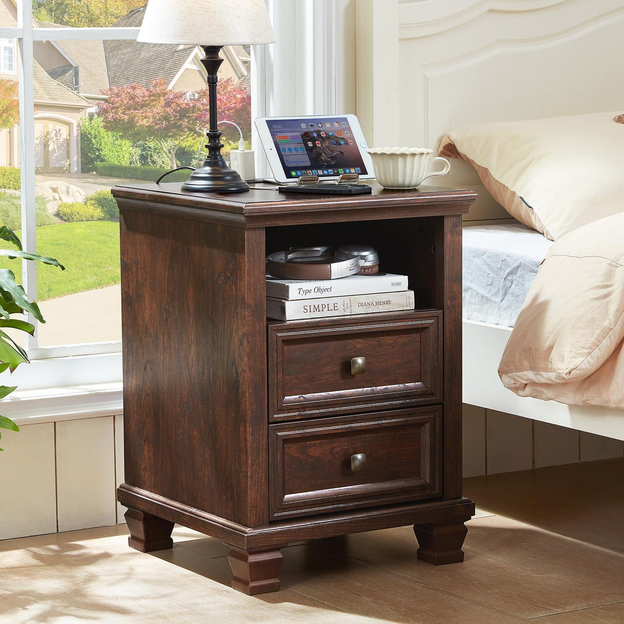 SAVOR LIFE Farmhouse Nightstand with Charging Station, Rustic Brown Nightstand,2 Drawers End Table for Living Room,Bedside Table with Open Shelf for Bed Room,Walnut SAVOR LIFE