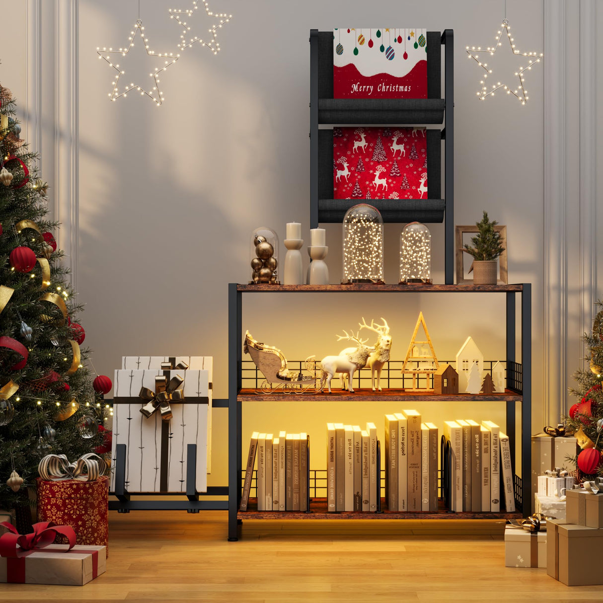 kepptory Display Shelf Bookshelf with RGB Lighting, Wooden Curio Cabinet Floor Lamp with Shelves, Vinyl Holder and Adjustable Stand, Record Player Stand Bookcase for Living Room Bedroom Décor (Brown) kepptory