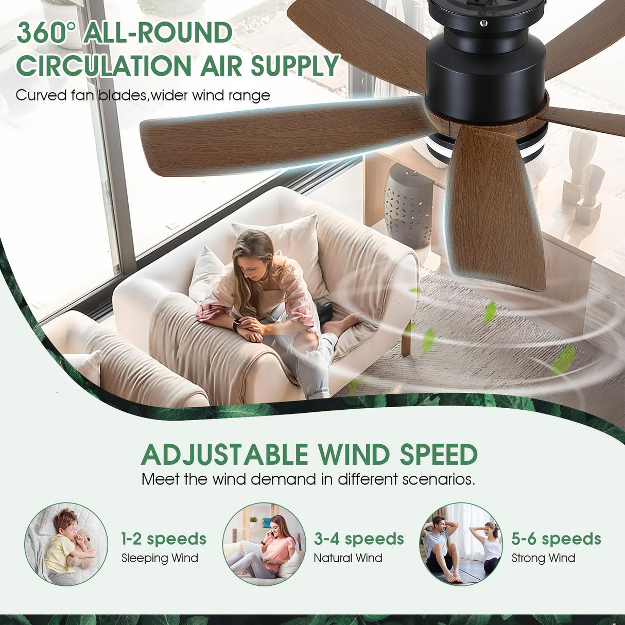 Ceiling Fans with Lights and Remote/APP Control, 41 inch Low Profile Flush Mount Ceiling Fan with Lights, LED Dimmable 5 Reversible Curved Blades 3 CCT 6 Speeds for Bedroom Living Room, Wood Wiviniya