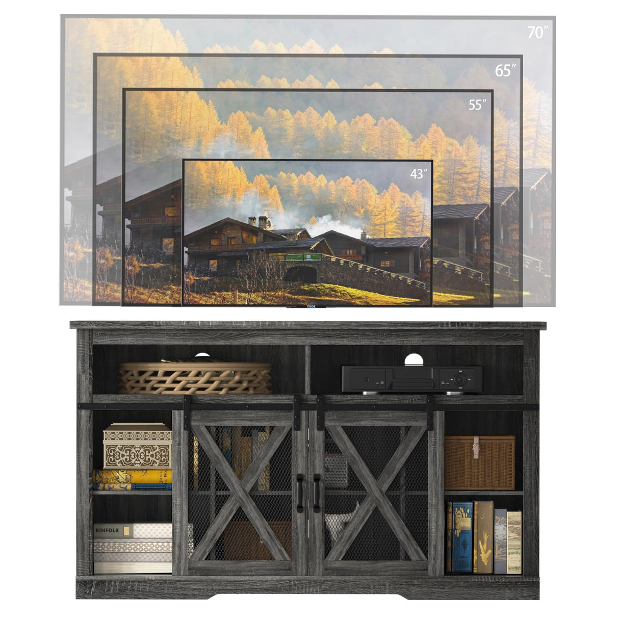 Xilingol Farmhouse Style TV Stand for 65+ Inch TV, 34" Tall Entertainment Center with Barn Door, Television Cabinets & Storage Shelves, 65" TV Stands for Living Room, Grey Xilingol