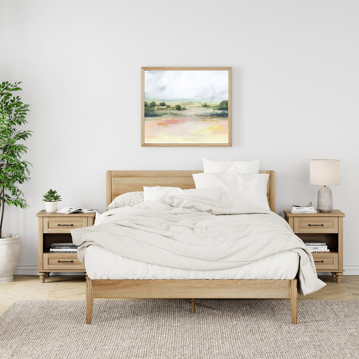 WAMPAT Nightstands Set of 2 End Tables with Charging Station, Farmhouse Side Table with 2 Drawers & Shelf for Living Room, Light Wood Night Stand Bedside Table for Bedroom, Oak WAMPAT