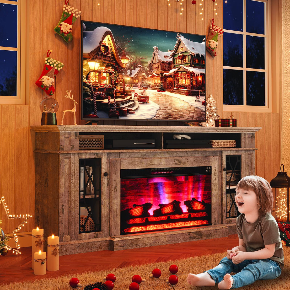 AMERLIFE 70" Farmhouse Heavy Fireplace TV Stand with 33" Electric Fireplace, for 80" TVs up, Media Entertainment Center with Diamond Door, TV Console Storage Cabinet for Living Room, Grey AMERLIFE