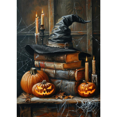 MEIYUDA Halloween Diamond Painting Kits for Adults, 5D Vintage Witch Hat Diamond Art Kits for Beginners, Pumpkins Magic Book DIY Full Diamonds Art Painting Kit for Home Wall Decor Gift 12x16in