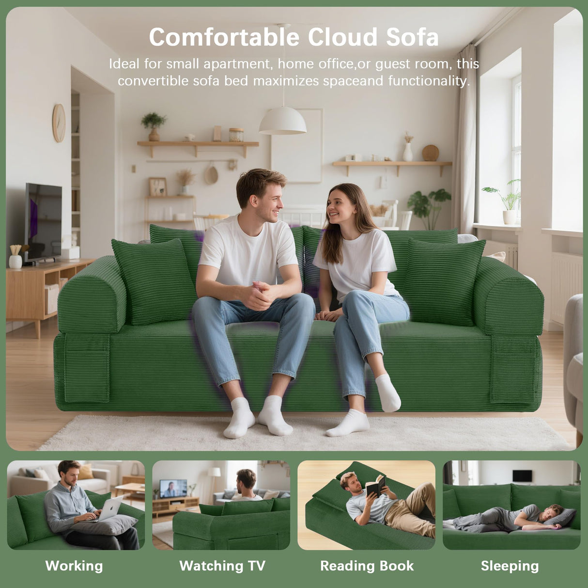 83" Modern Sofa in a Box, No Assembly Oversized 3 Seater 28" Deep Seat Cloud Sofa Bed Couch with 4 Furry Pillows & Corduroy Fabric, Boneless Couch with Side Storage Pockets for Living Room, Green Zyerch
