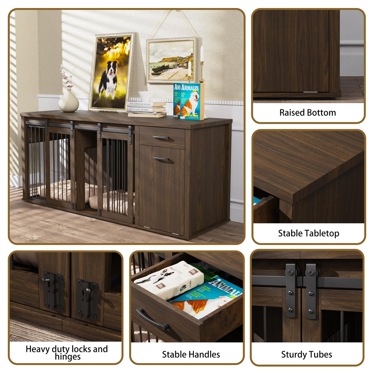 YOCONYO Large Dog Crate Furniture Large Breed,71 Inch Wooden Dog Crate with Tilt Out Trash Cabinet,Drawers,Divider and Sliding Barn Door, Double Doors Dogs Crate for 2 Dogs (Brown) YOCONYO