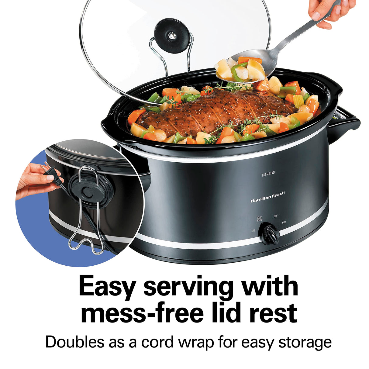 Hamilton Beach Slow Cooker with 3 Cooking Settings, Dishwasher-Safe Stoneware Crock & Glass, 8-Quart Built-In Lid Rest, Black Hamilton Beach