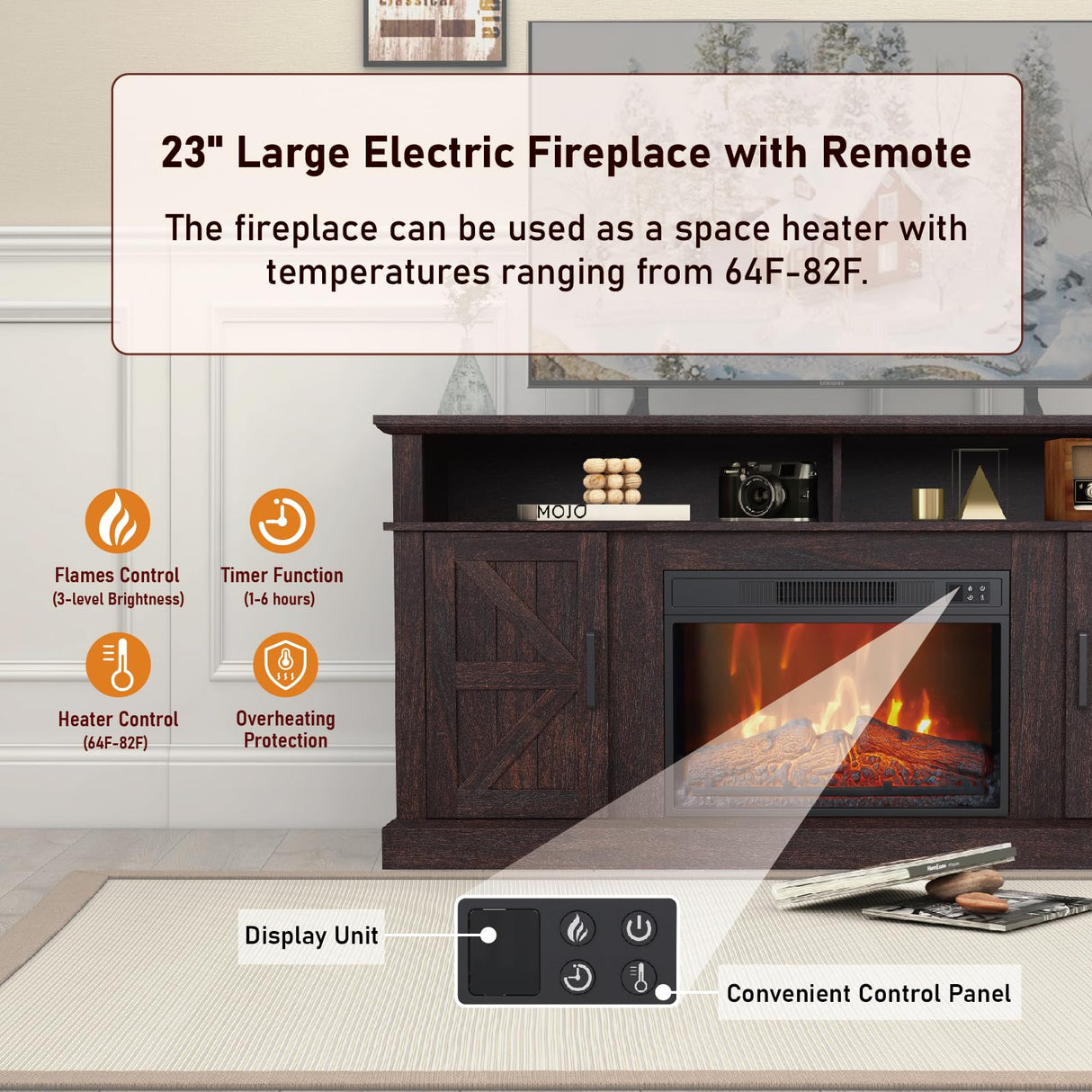 Luban Nese Fireplace TV Stand for TVs Up to 65" with 23" Electric Fireplace, Entertainment Center with Storage Cabinet and Open Shelves, Media Console with Barn Doors for Living Room (Espresso) Luban Nese