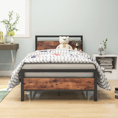 HOJINLINERO Metal Twin Size Bed Frame with Wood Headboard,Platform Bed Frame Twin,Bed Base Steel Slats,No Box Spring Needed,Black and Rustic Brown