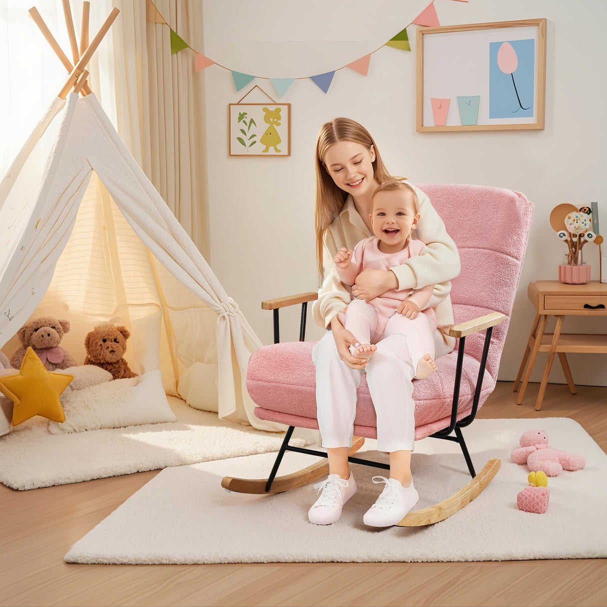 VECELO Wide Rocking Chair Nursery, Oversized Upholstered Teddy Fabric Modern Glider Rocker with High Backrest for Living Room & Bedroom, Large Size, Pink VECELO