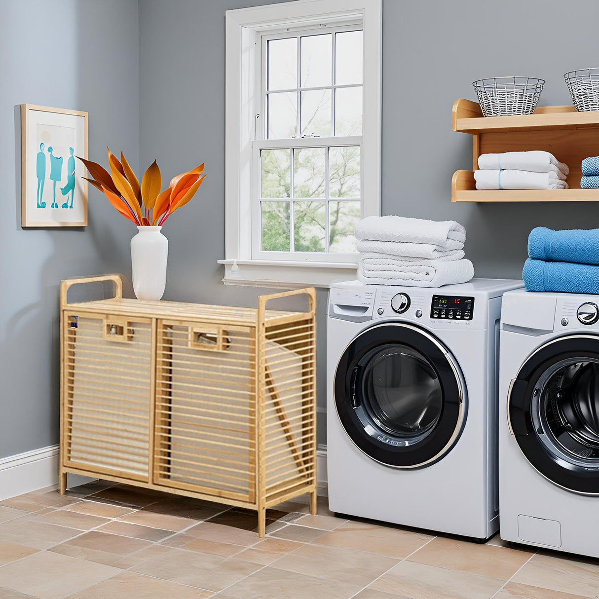 Double Tilt Out Laundry Hamper with 2 Removable Liner Bags,Bamboo Laundry Cabinet,Laundry Basket Organizer,Laundry Hamper Cabinet for Clothes Towels Toys(31.8 * 11.8 * 28.3in) Tianxrxy