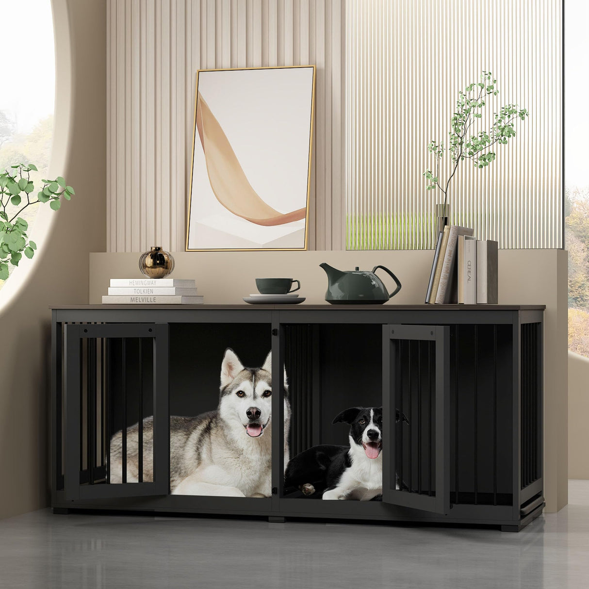 Timechee Dog Cage Furniture, 70" Furniture Dog Crate, Modern Furniture Style Dog Crate with Divider and 2 Trays, Multi-Functional Dog House for Medium Dog, Indoor Double Crate for 2 Dogs, Black Timechee