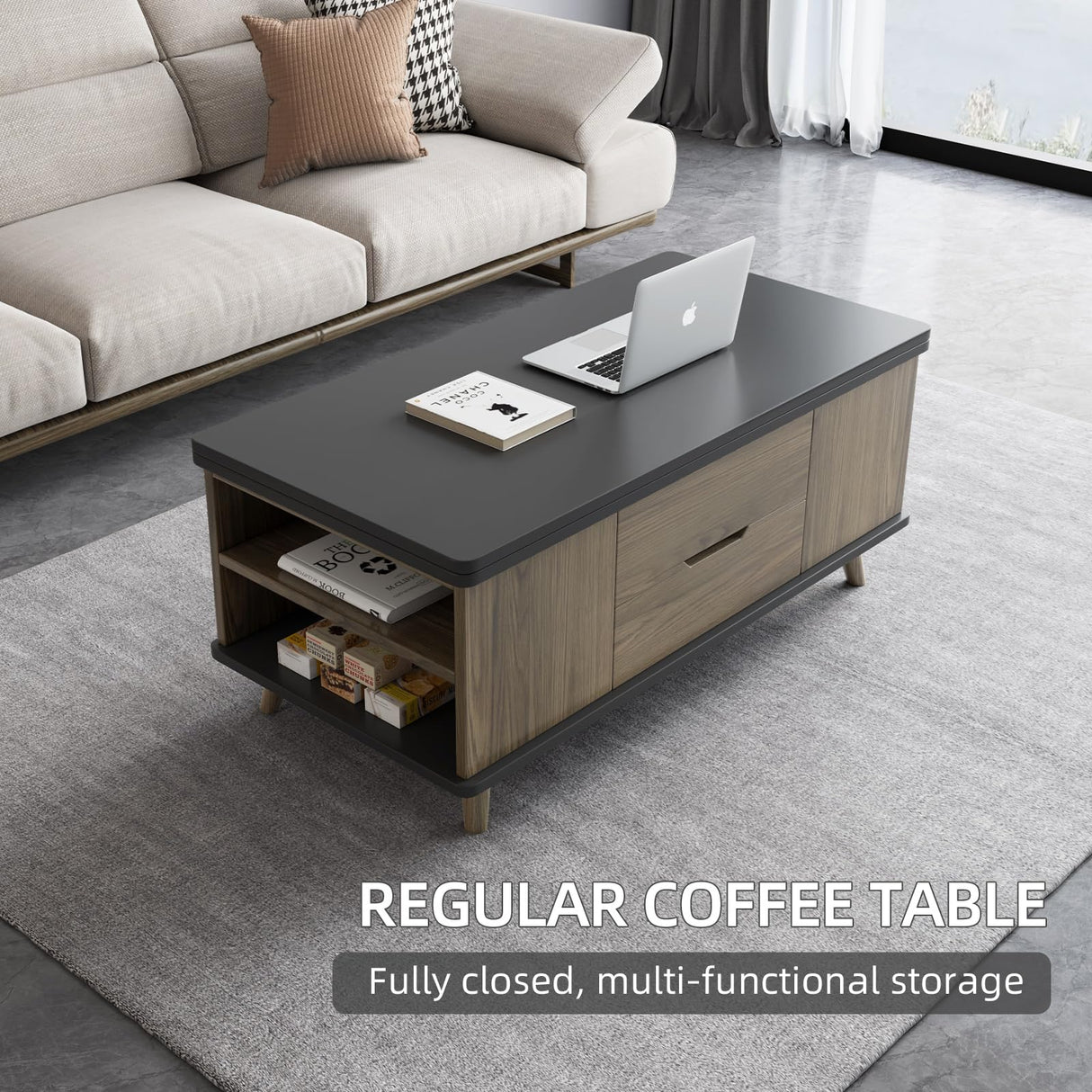 Guyii 38.97" Lift-Top Coffee Table with 4 Stools, 3-in-1 Multi-Functional Center Table, Expandable Dining Table for Living Room, Lift Tabletop Coffee Table with Hidden Storage Compartment, Grey Guyii