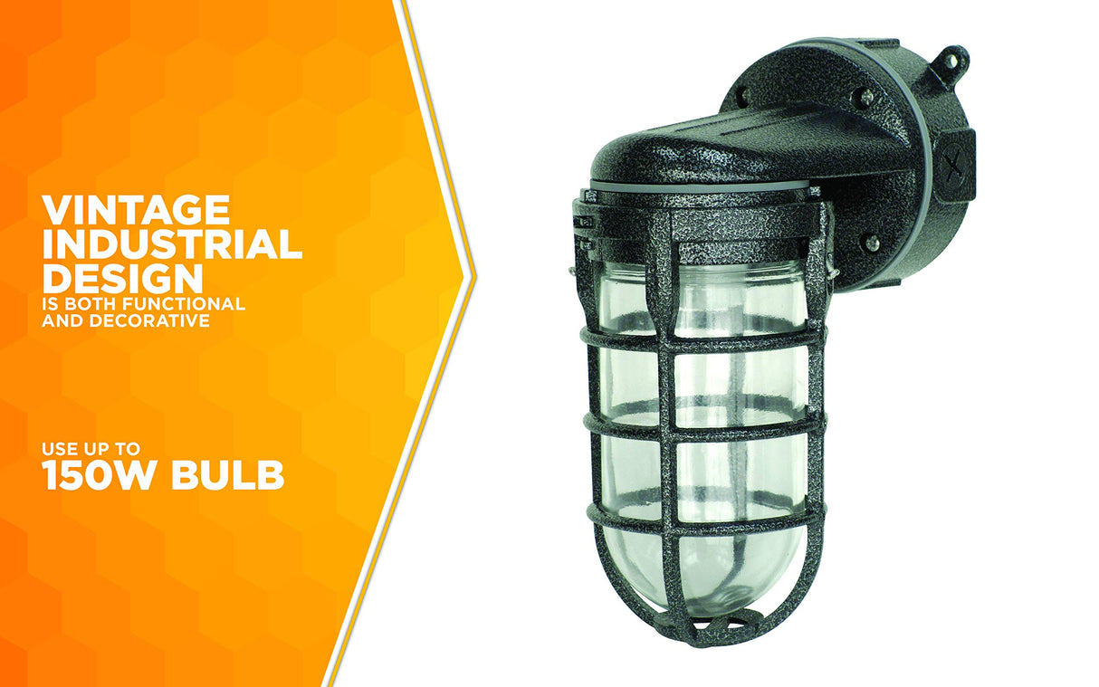Woods L1707SVBLK Wall Mount Light in Hammered Black Finish Sturdy Die Cast Aluminum Cage; 100 Watt Incandescent; Industrial Design; Suitable for Indoor and Outdoor Use Woods