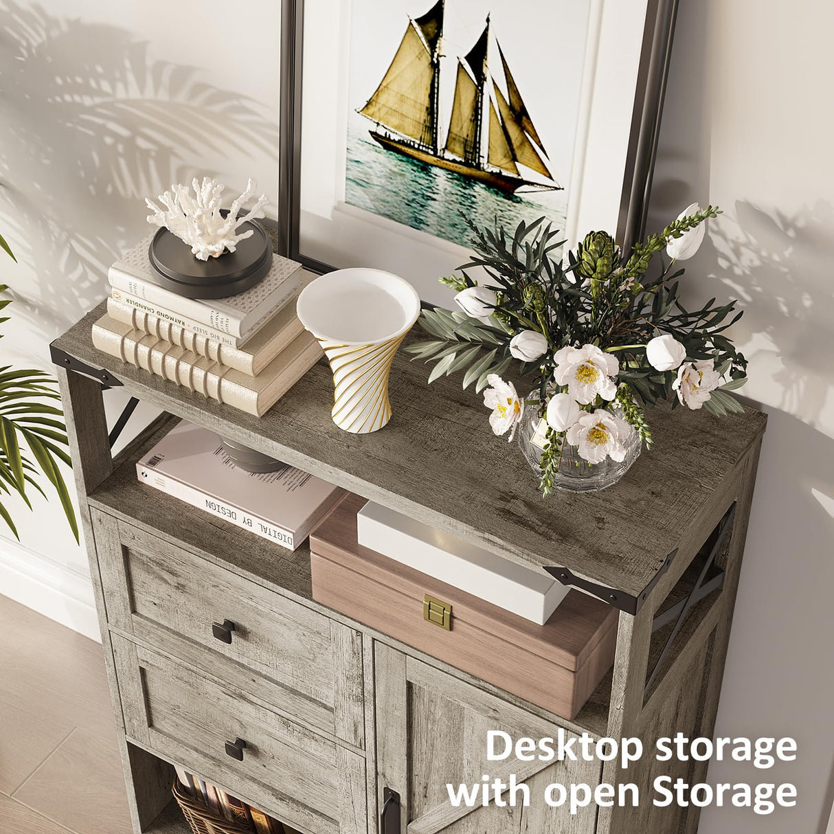 Fameill Farmhouse Storage Cabinet with 2 Drawers&Shelves,Freestanding Storage Cabinet with Doors&Open Storage,Floor Storage Cabinet for Living Room,Bathroom,Kitchen,Laundry,Light Rustic Oak Fameill