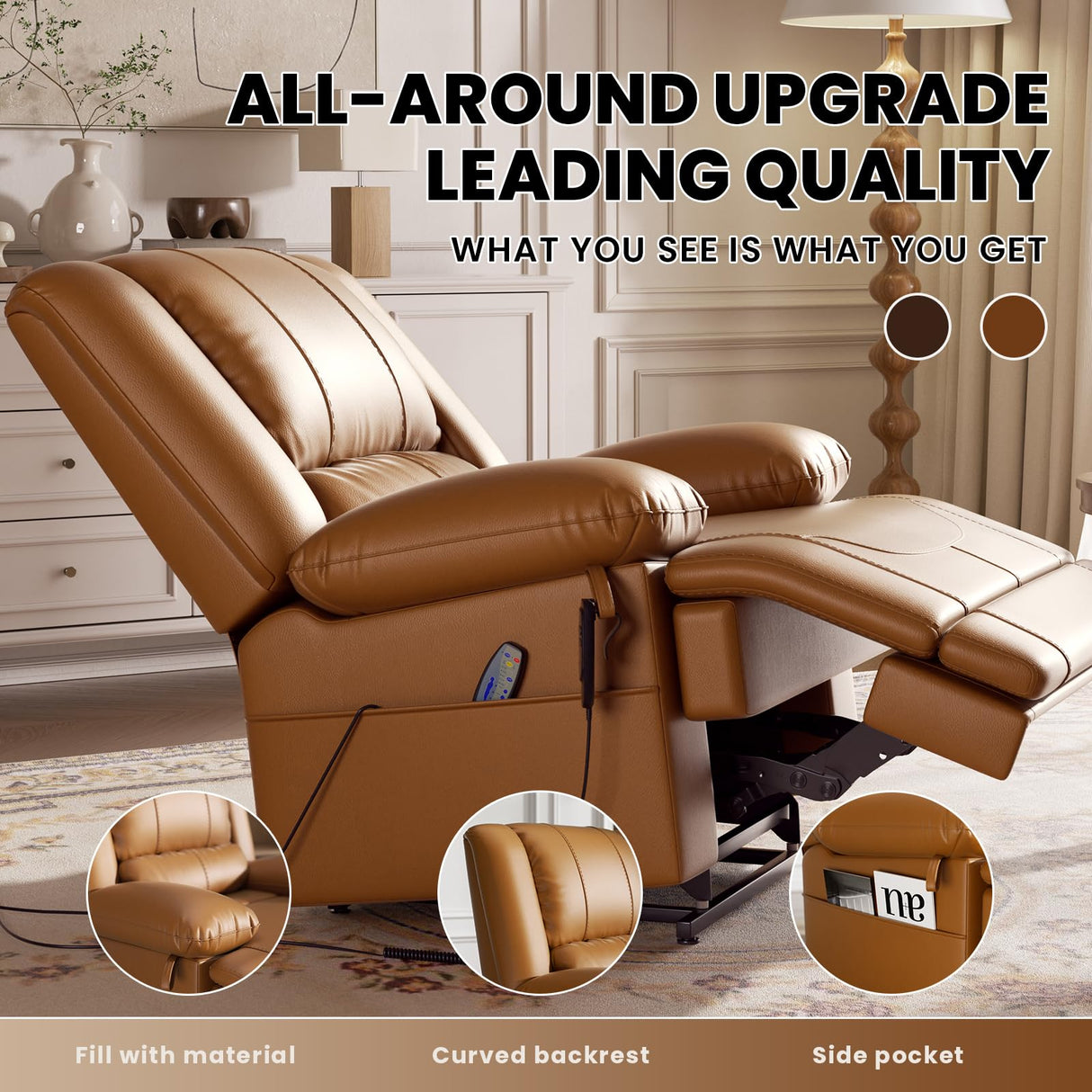 Couchus Large Dual Motor Power Lift Recliner Chair with Massage and Heat for Elderly People, Infinite Position,USB Ports and Remote Control,Breathable Leather Couchus