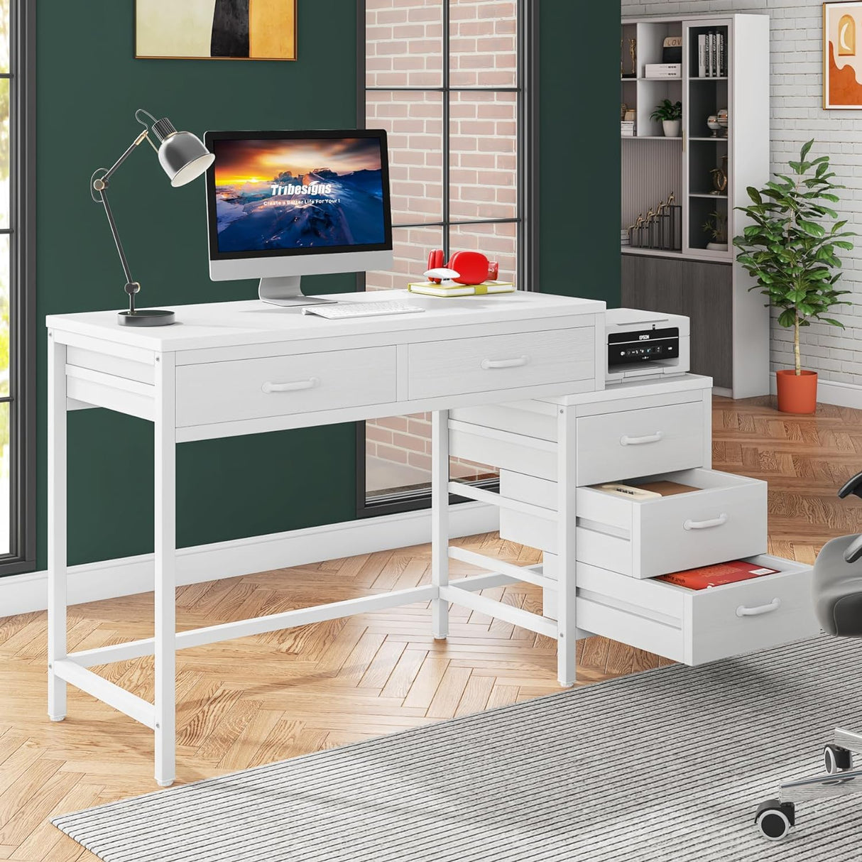 Tribesigns Computer Desk with 5 Drawers, Home Office Desks with Reversible Drawer Cabinet Printer Stand, Industrial PC Desk with Storage, White Study Writing Table Workstation for Small Spaces Tribesigns