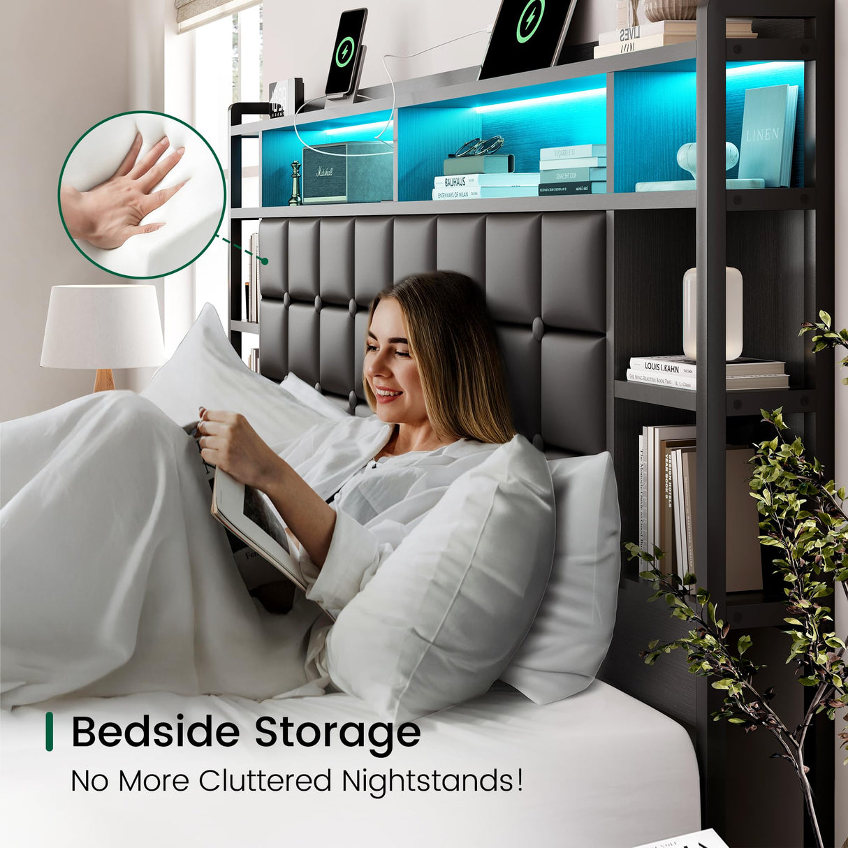 LARMACE King Size Bed Frame with 4 Storage Drawers and Bookcase Headboard, Faux Leather Upholstered, Wooden Platform Bed Frame with Charging Station and LED Lights, No Box Spring Needed, Black LARMACE