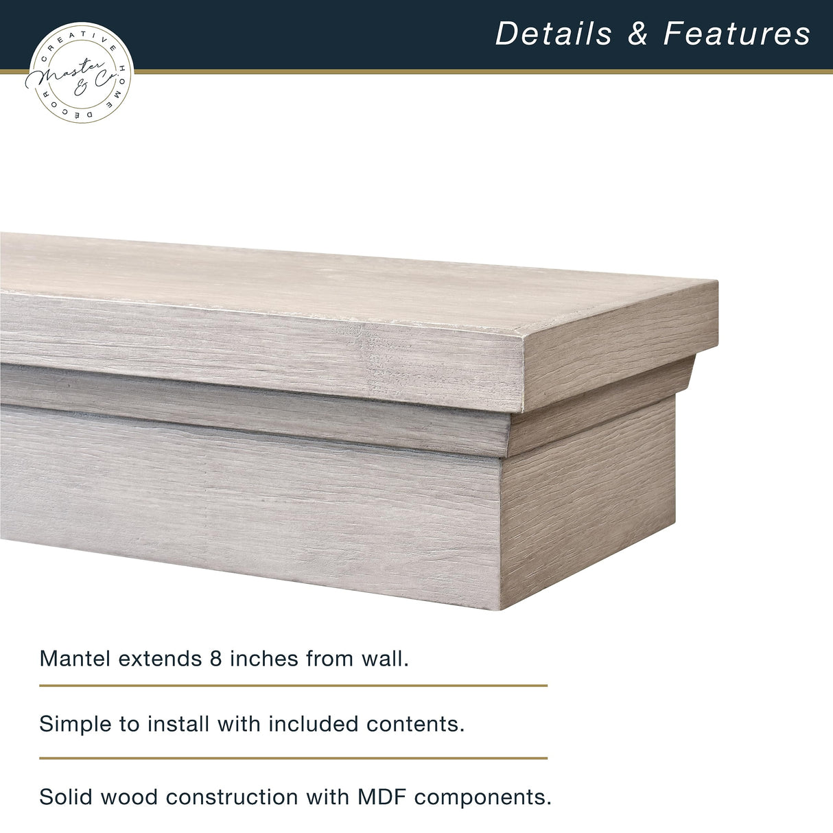 MCS 60-Inch Mantel, Master & Co Gray Woodgrain Finish Solid Wood Floating Fireplace Mantel, Long Floating Shelf for Livingroom with Wood Cleat Hanging System, Photo and Home Decor Display Shelf MCS