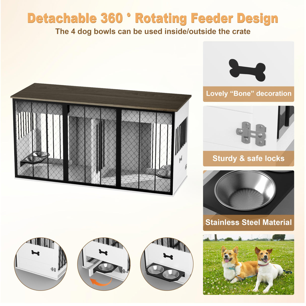 RQZ 65" Double Dog Crate Furniture for 2 Dogs Heavy Duty Wood Dog Cage Table with 3 Storage Drawers and 4 Stainless Steel Bowls Dog Kennel Indoor for Medium Large Dogs RQZ