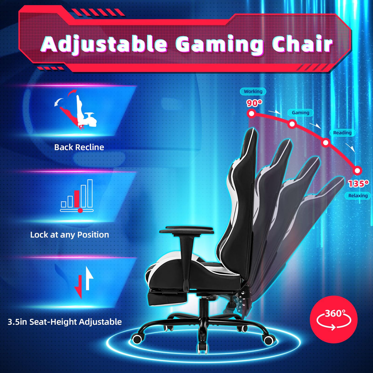 ECOTOUGE PC Massage Gaming Chair with Footrest Ergonomic Office Desk Chair Racing PU Leather Recliner Swivel Rocker with Headrest and Lumbar Pillow,White ECOTOUGE