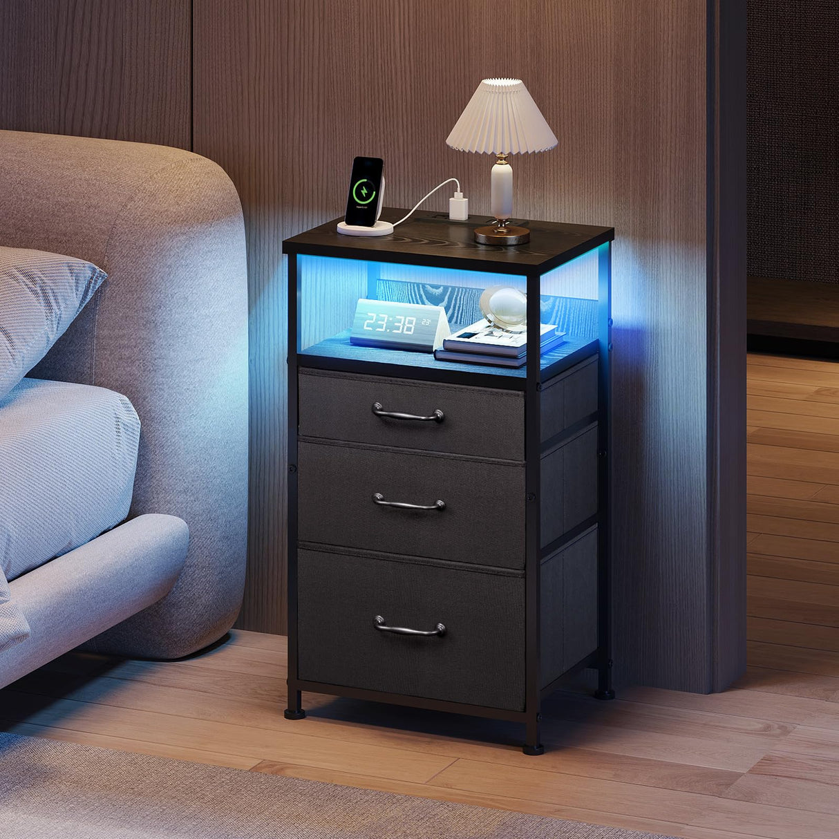 YeTom Nightstand with Charging Station Set of 2, LED Night Stand with 3 Fabric Drawers, Side Table with Open Shelf, End Table with Steel Frame, 3 Drawer Dresser for Bedroom, Black YeTom