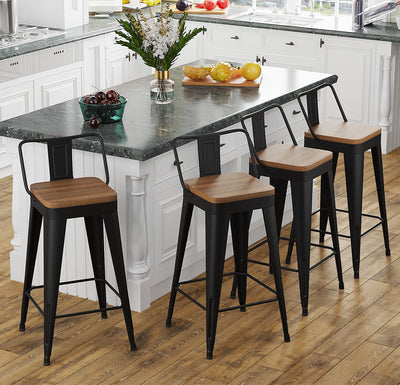 POINTANT Bar Stools Set of 4 Metal Bar Stool Counter Height Bar Stools Black, Modern Bar Chairs with Back and Wooden Seat 30" Bar Stools Counter