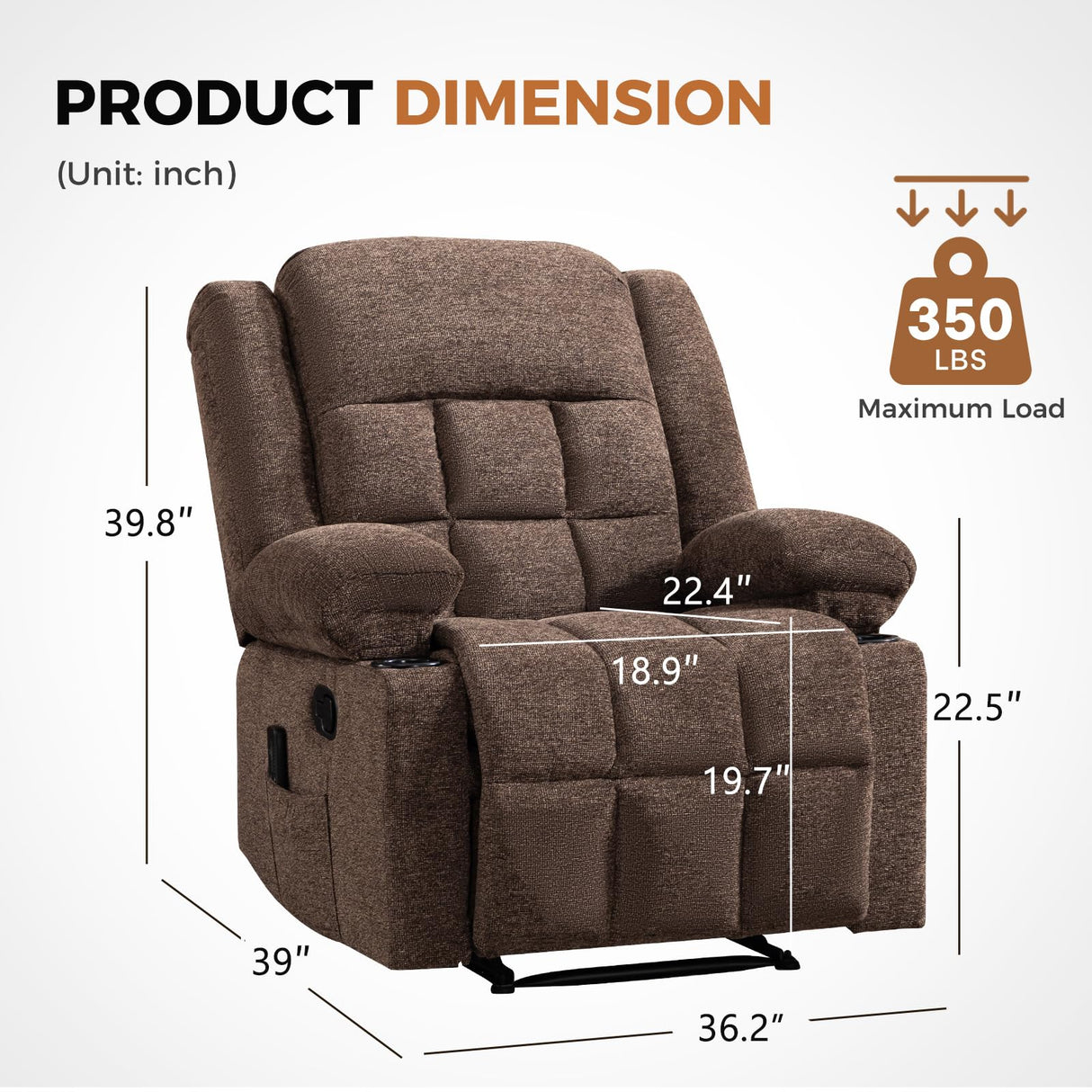 HAOMARKETS Classic Manual Recliner with Massage and Heat for Adults, Breathable Fabric Recliners with Two Cup Holders, Overstuffed Heavy Duty Reclining for Living Room, Brown HAOMARKETS