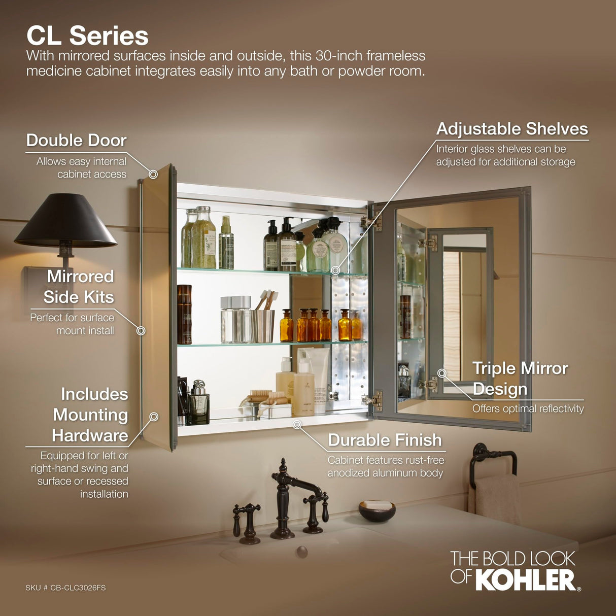 KOHLER K-CB-CLC3026FS Beveled Medicine Cabinet with Mirror Doors & Adjustable Shelves, Rectangular Beveled Edge Frame, 30" x 26" Kohler