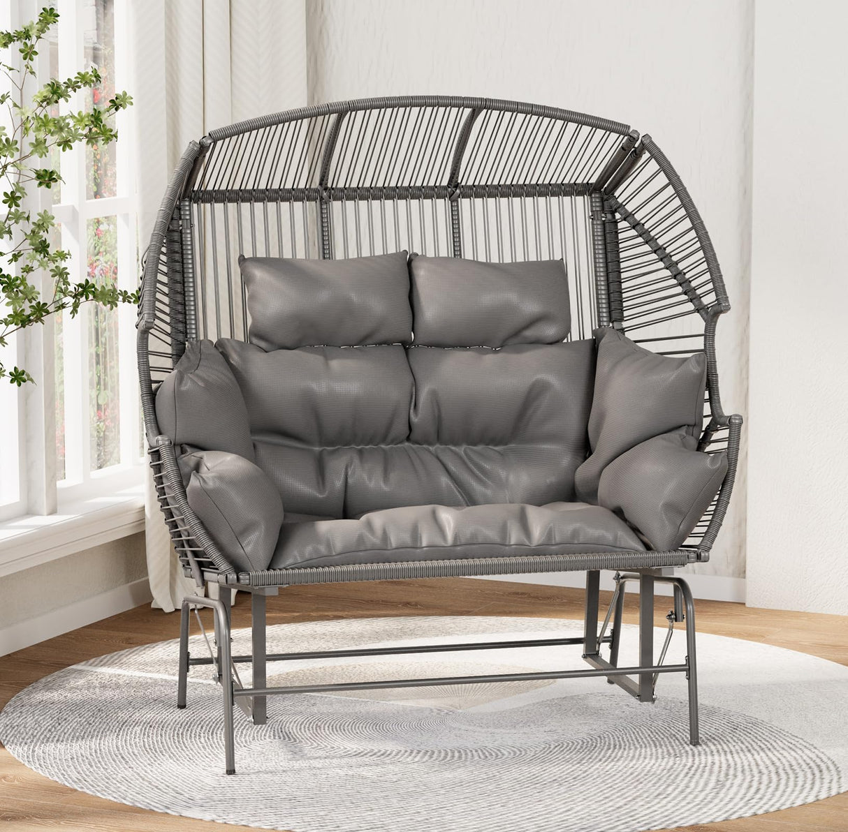 ECOTOUGE Patio Double Egg Chair, Indoor Outdoor Oversized Loveseat, 2 Person Extra Large Wicker Lounge Rocking Glider Chairs w/Thicken Padded Cushions and Pillow for Garden Balcony Sunroom, Grey ECOTOUGE