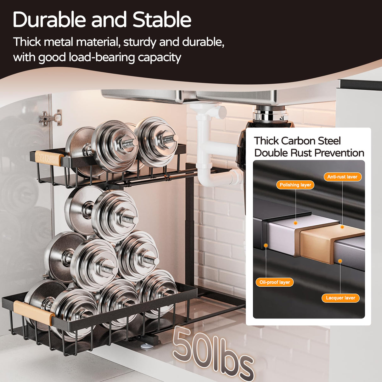 ADBIU Under Sink Organizer, 2 Pack 2 Tier Expandable Height (13.2" - 17.2") Pulling Out Kitchen Bathroom Cabinet Organizers ADBIU