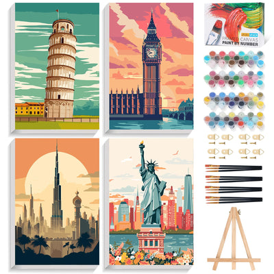 Offito 4 Pack Framed Paint by Numbers Kit for Adults Beginners with Wooden Easel, Cityscape Easy Paint by Number Kit with Frame, Watercolor Adult Paint by Number Framed Canvas (8 * 12 Inch)