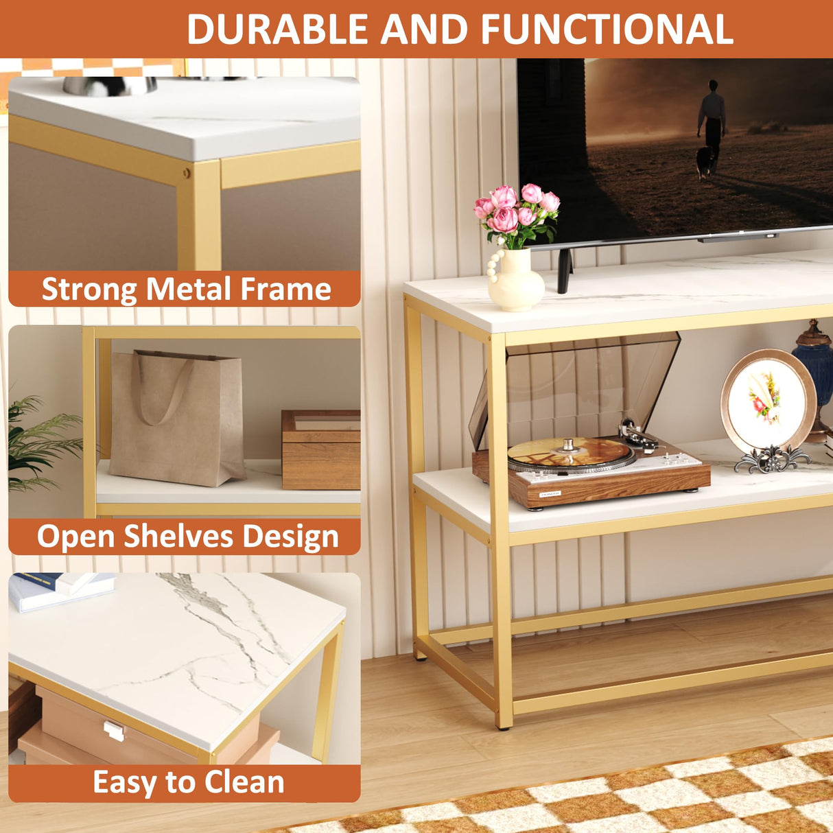 Function Home TV Stand for TVs up to 50 Inch, 3 Tier Entertainment Center, Modern TV Cabinet with Marble Top and Gold Metal Base, 42" Media Console Table with Storage for Living Room Bedroom Function Home