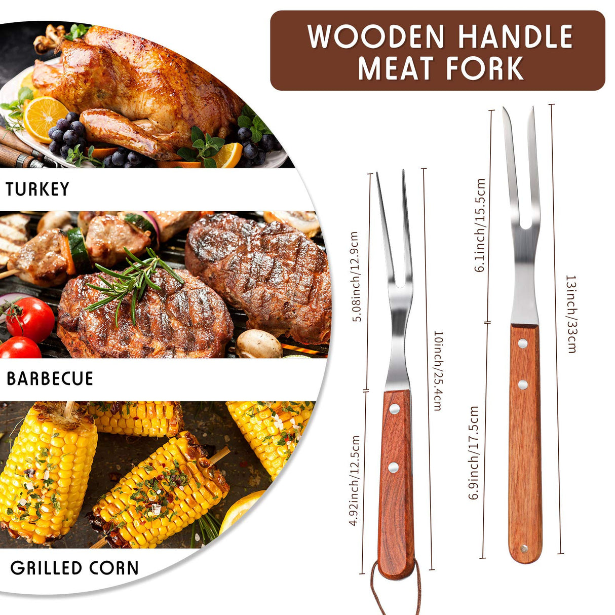 Meat Forks with Rosewood Handle and Stainless Steel Carving Fork Barbecue Fork for Christmas Kitchen Roast (2 Pieces,13 Inch, 10 Inch) Honoson